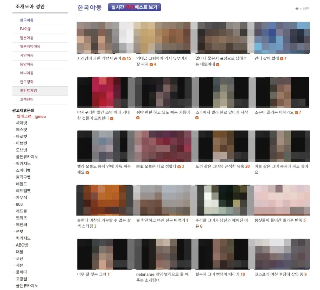 조개모아의 최신영상 섹션 스크린샷, 다양한 장르 썸네일과 업데이트 날짜가 표시된 이미지. 신선함과 다양성 강조. 조개모아의 최신영상 섹션 스크린샷, 다양한 장르 썸네일과 업데이트 날짜가 표시된 이미지. 신선함과 다양성 강조.